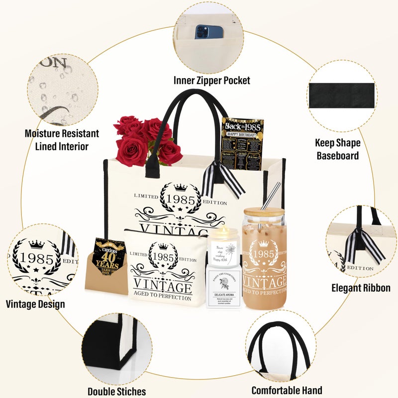 DOGMEM 40th Birthday Gifts for Women Tote Bag 40 Years Old Gifts for Mom Wife Sister Birthday Gifts for Her Turning 40 Vintage 1985 Canvas Tote Bag Makeup Bag Back in 1985 Poster Gifts for Women - Image 3